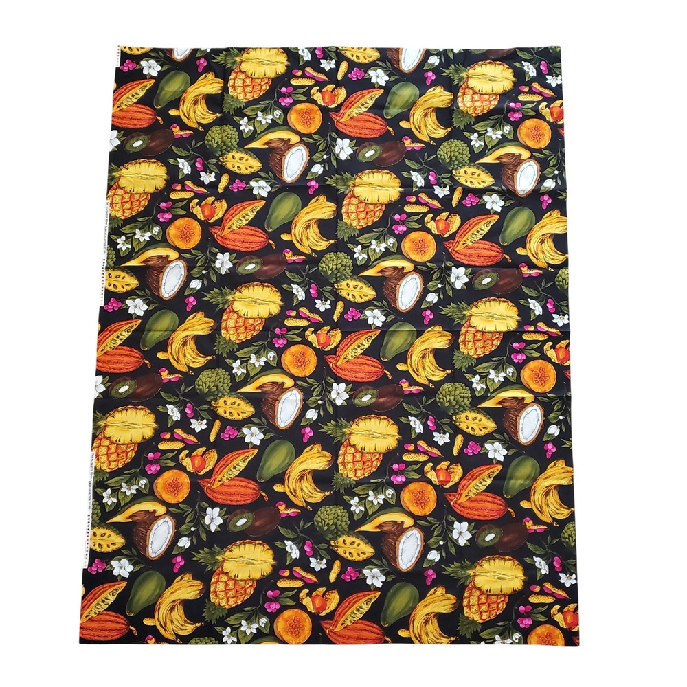 Alexander Henry 1993 Tropical Fruit Fabric Black Cotton 44x56 Vintage 90s Print